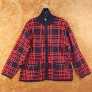 TALLY HO Womens Sweater Medium Red Plaid Zip Up Turtleneck Pockets Coatigan